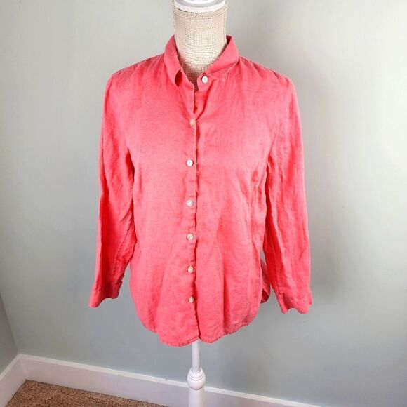 J Jill Love Linen Essential Long Sleeve Button Down Shirt Size Medium Petite - Picture 1 of 8